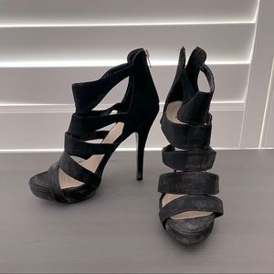 Black Suede Strappy Heels, Black Heels, Peep Toe Pumps, Stilettos